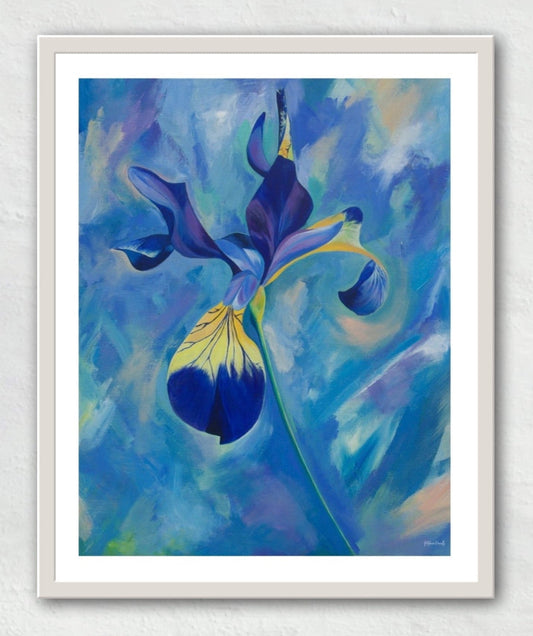 A painting of a striking single blue iris flower framed in a light grey frame with a white mat or mount.