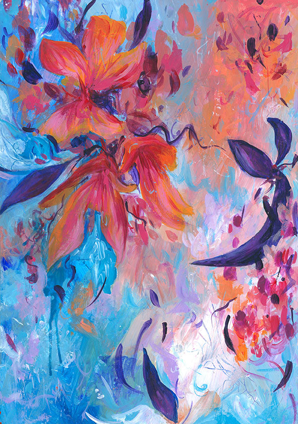 Abstract floral art print with expressive brushstrokes in bright orange, pink, blue, purple, and white, featuring large flower-like forms and dark leaf-like accents.