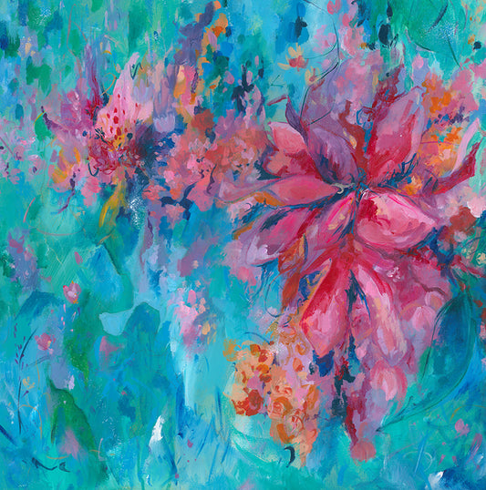 Free Spirit colourful flower painting featuring hot pink , turquoise and blue.