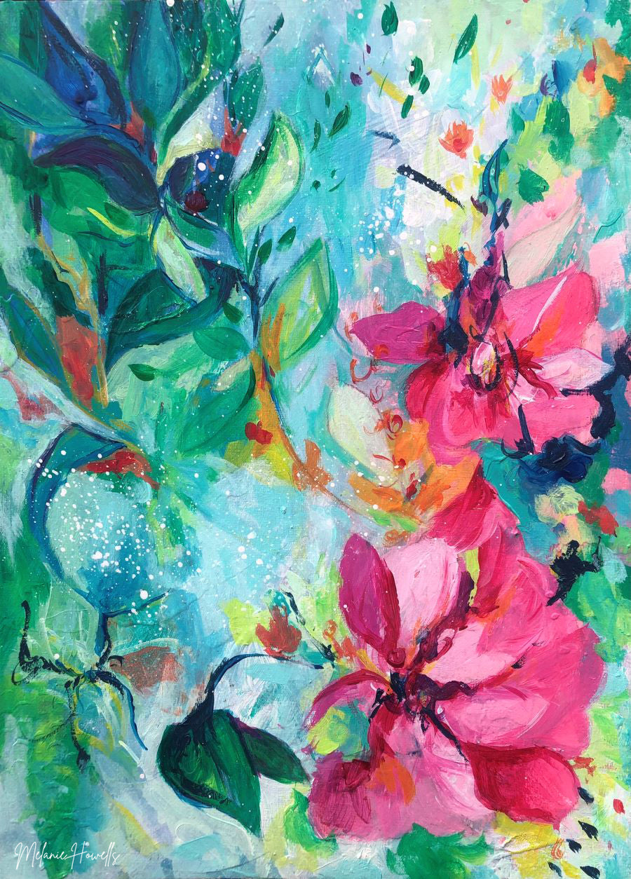 Art print of a colourful floral painting with pink flowers and green leaves on a blue background