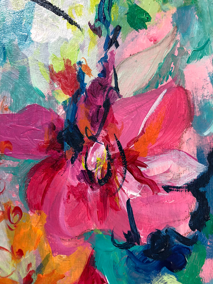 Close up detail of a vibrant, painted pink flower