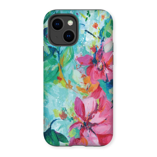 Protective phone case with a pretty pink floral design in a painterly style.