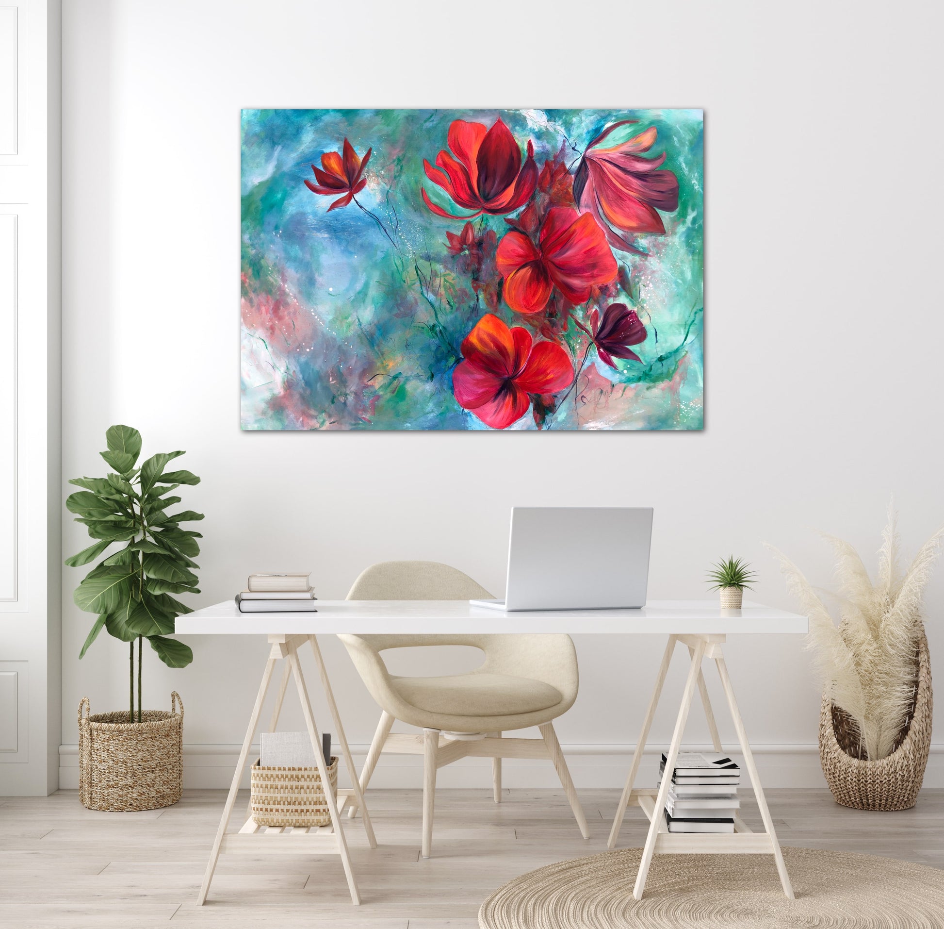 Large abstract floral canvas painting displayed against a white wall in a contemporary home office with a white desk