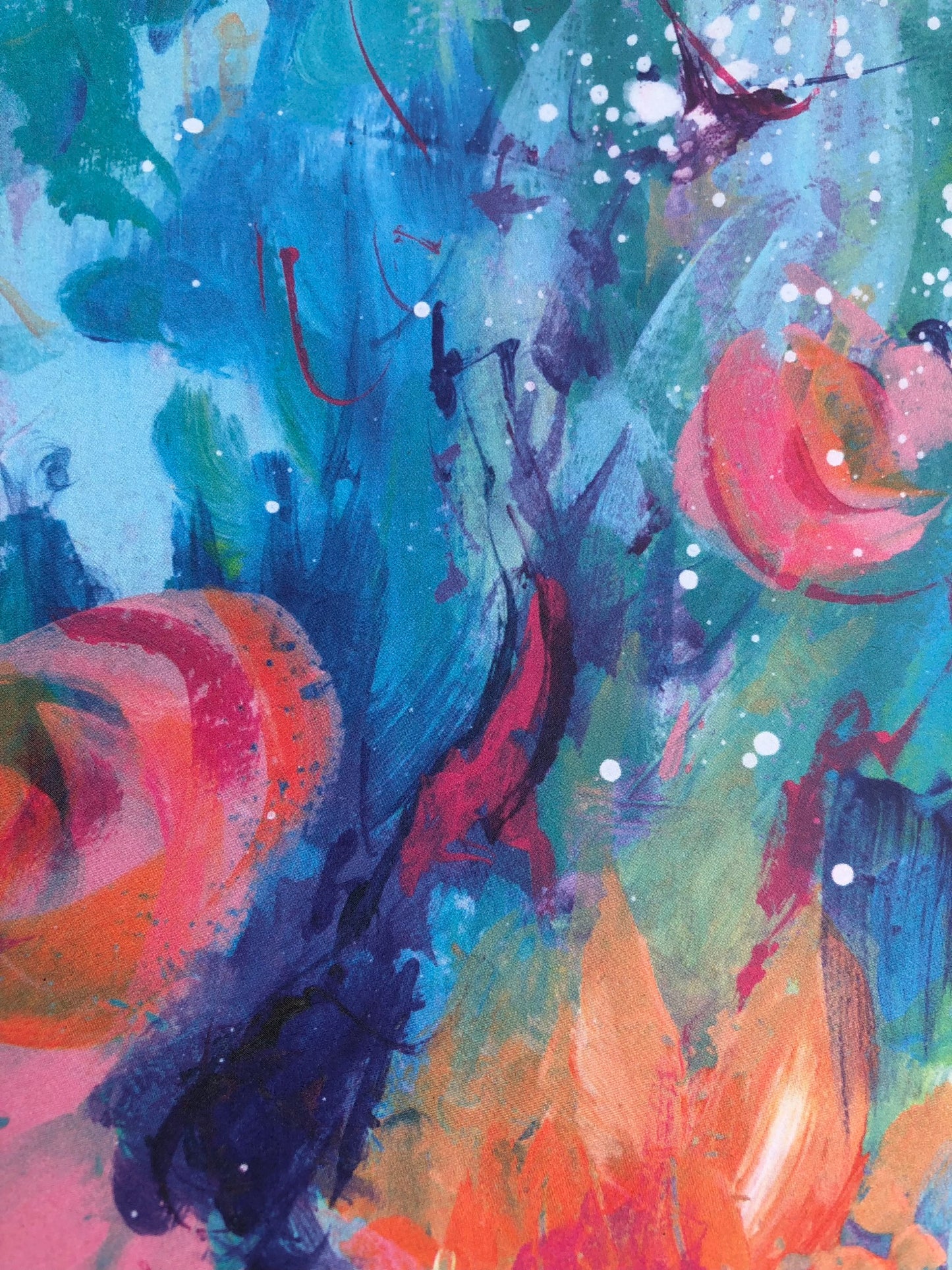 Abstract floral painting with expressive brushstrokes in blue, teal, pink, orange, purple, and green, featuring large soft-edged flower forms and white paint splatters.