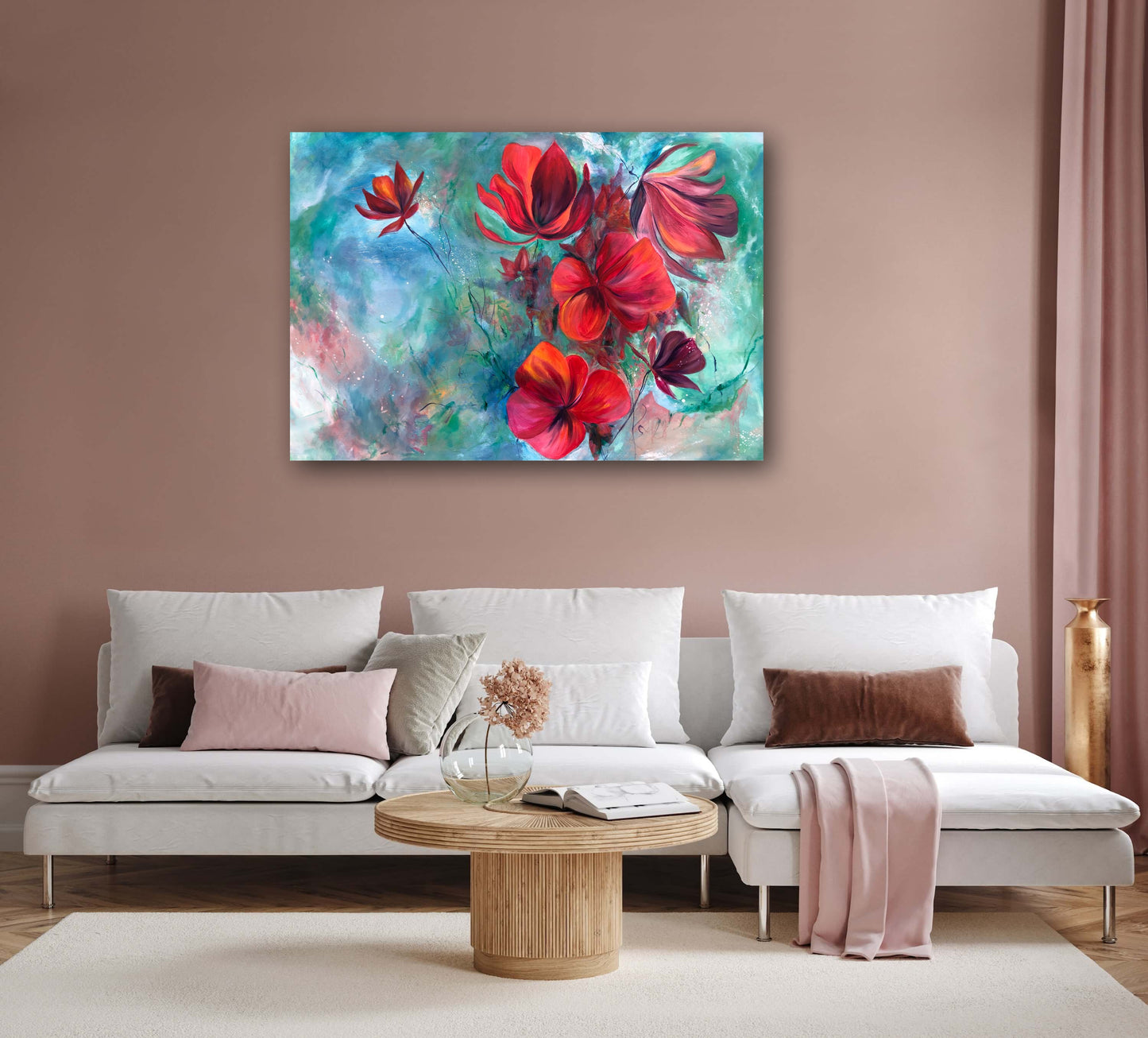 Large abstract floral canvas painting displayed against a dusky pink wall above a contemporary white sofa