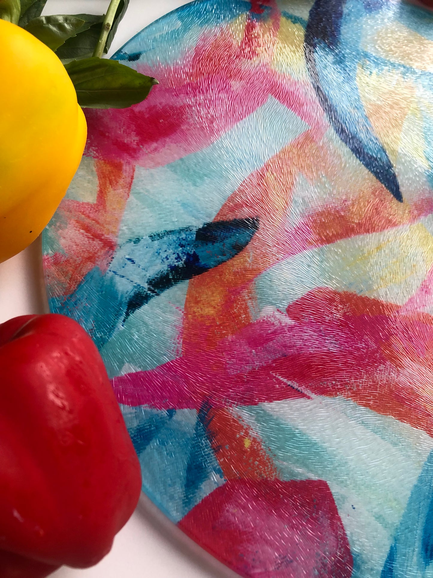 Close up detail of Adventure glass cutting board