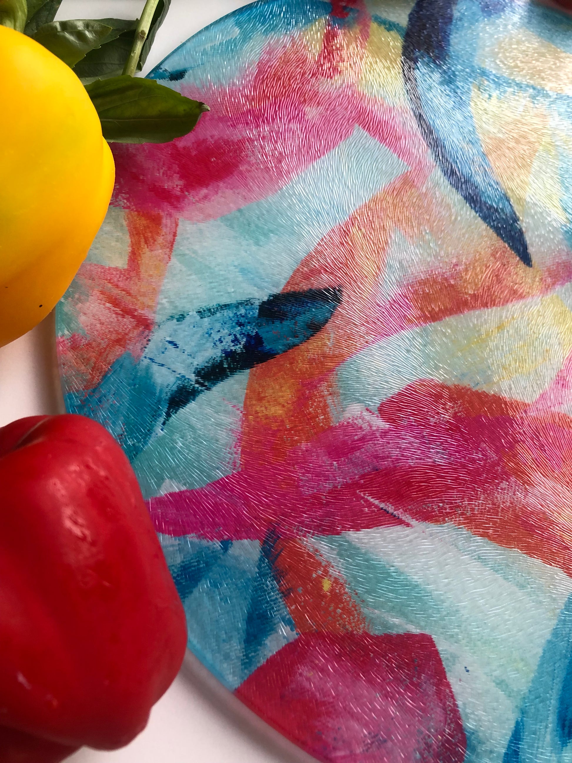Close up detail of Adventure glass cutting board