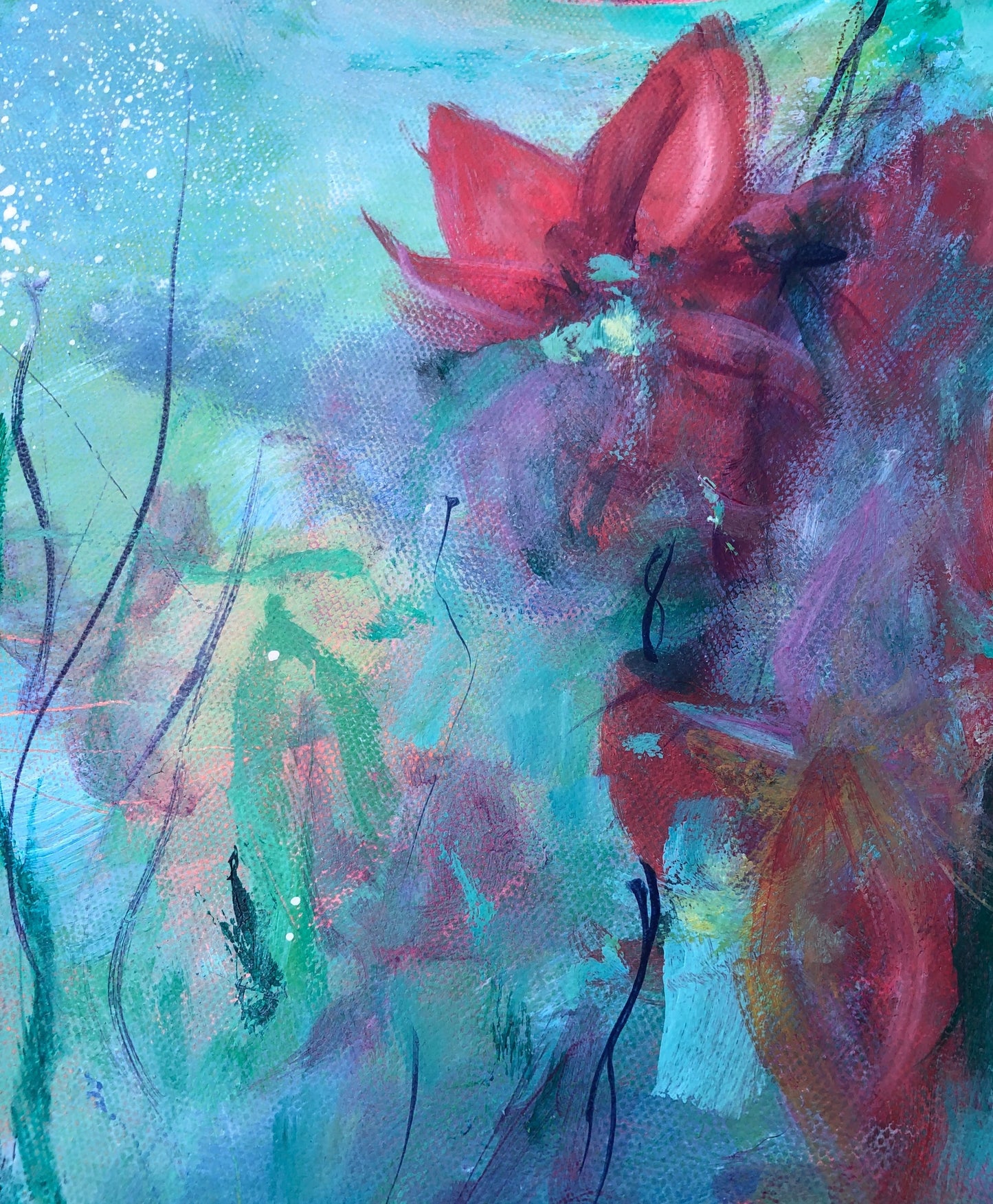 Close up detail of hazy background flowers on original painting called Joy.