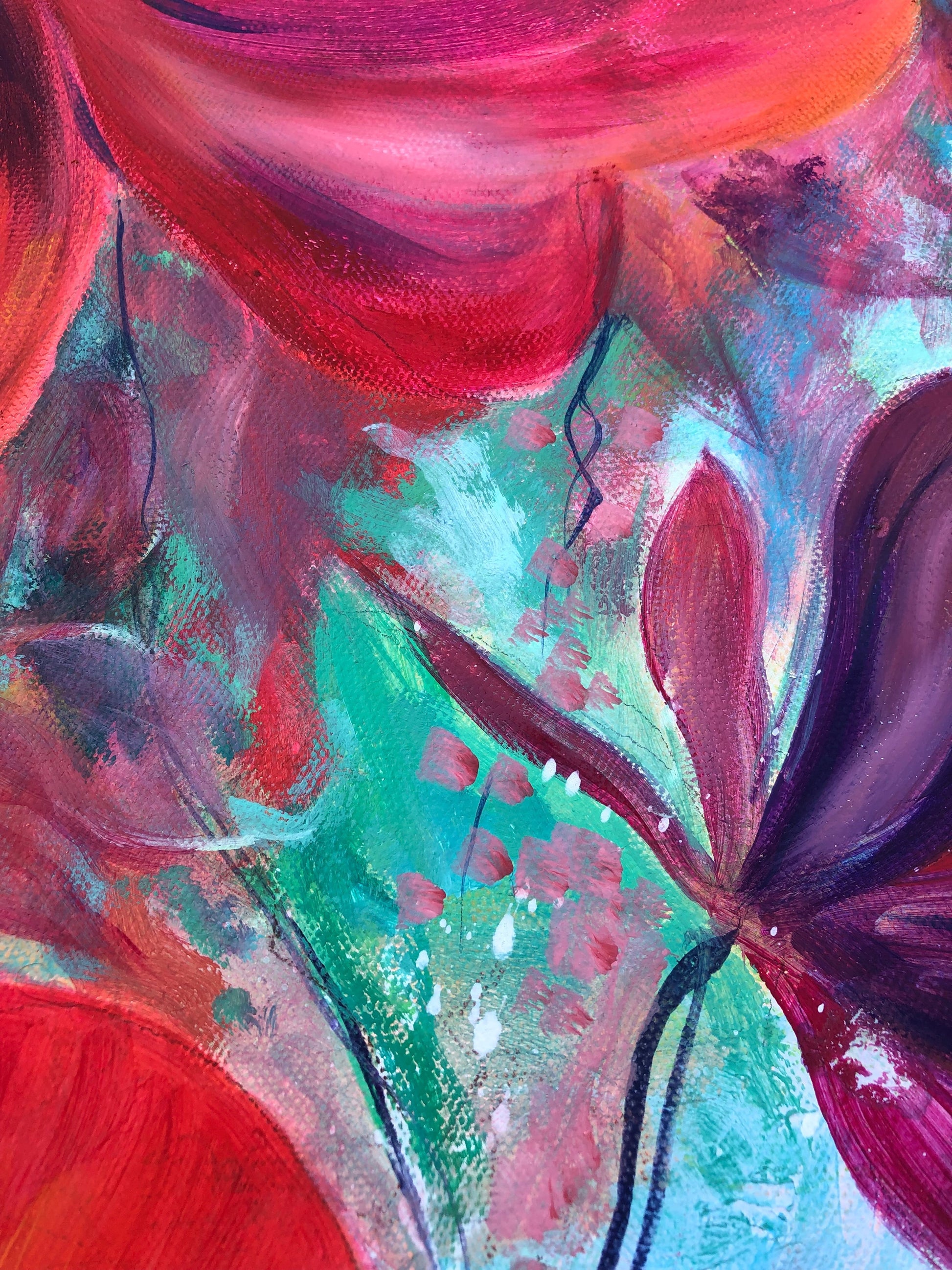 Close up detail of flowers and background textures on original painting called Joy.