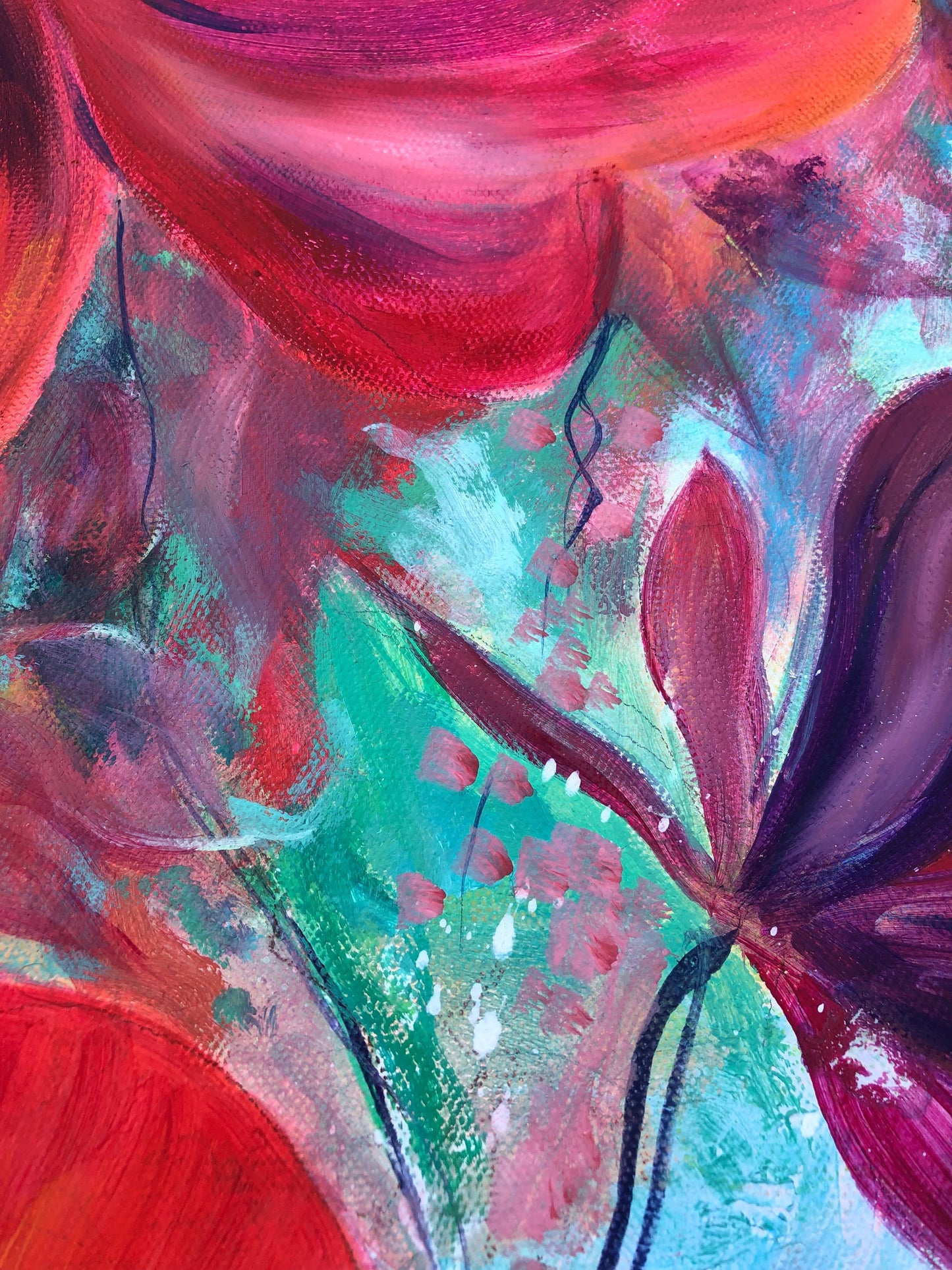 Close up detail of flowers and background textures on original painting called Joy.