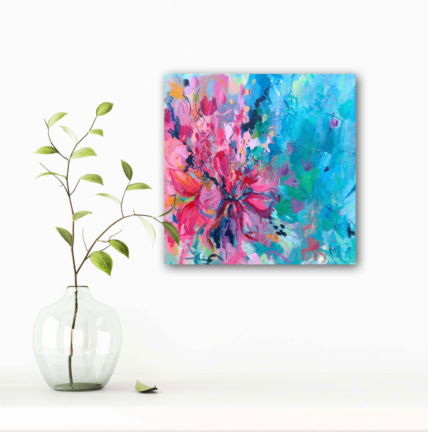 Square painting featuring clusters of colourful and vibrant  pink flowers against a blue, green and turquoise background.
