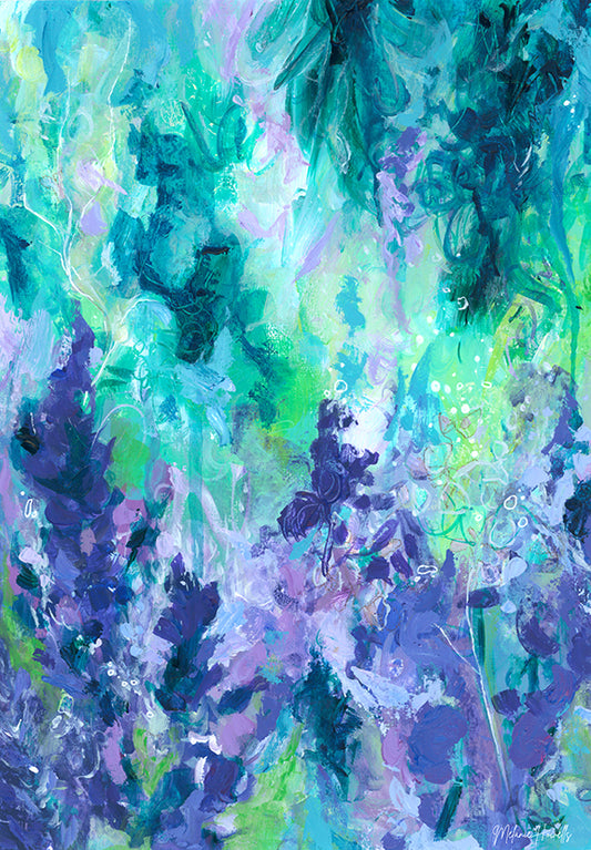 Inner Peace acrylic abstract painting in greens and purples
