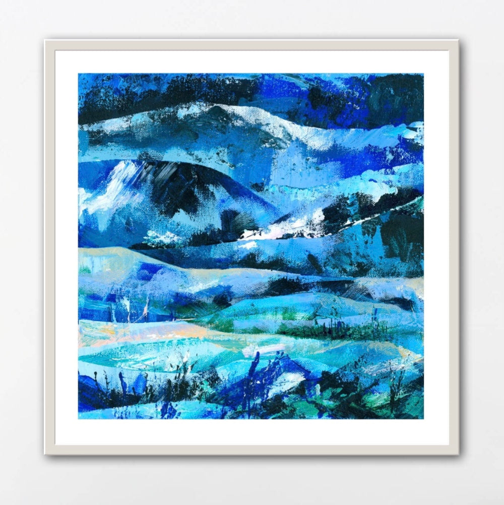 Blue abstract landscape art print featuring hills and mountains