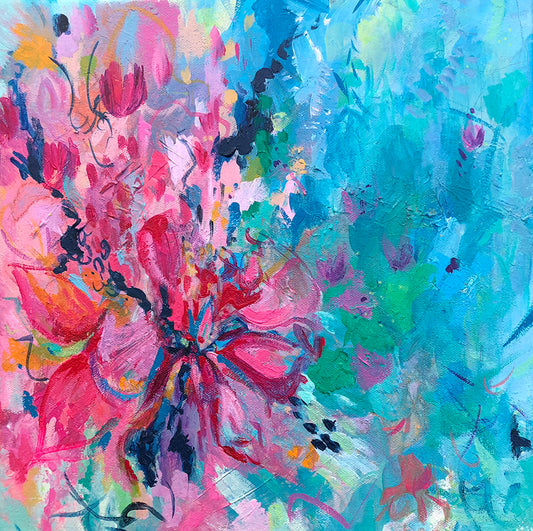 Acrylic painting featuring colourful pink and red flowers with vibrant splashes of colour against a blue, green, turquoise textured background.