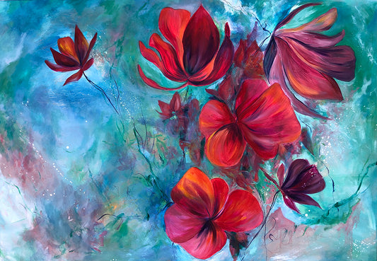 Vibrant painting on canvas of big red flowers against a blue and green hazy, texturedbackgroundusing acrylics and oils