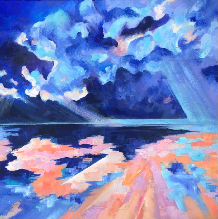 Colourful acrylic landscape featuring sea and sky, painted in shades of blue, pink, peach and orange.