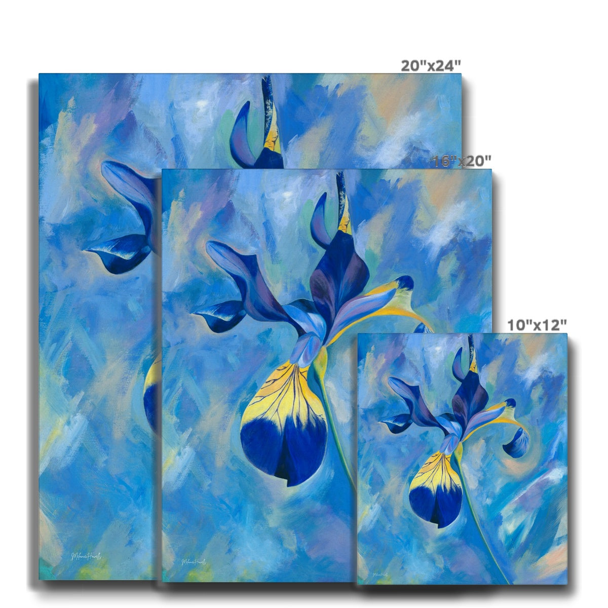 Three abstract blue and yellow floral printed canvas artworks with their different dimensions displayed.