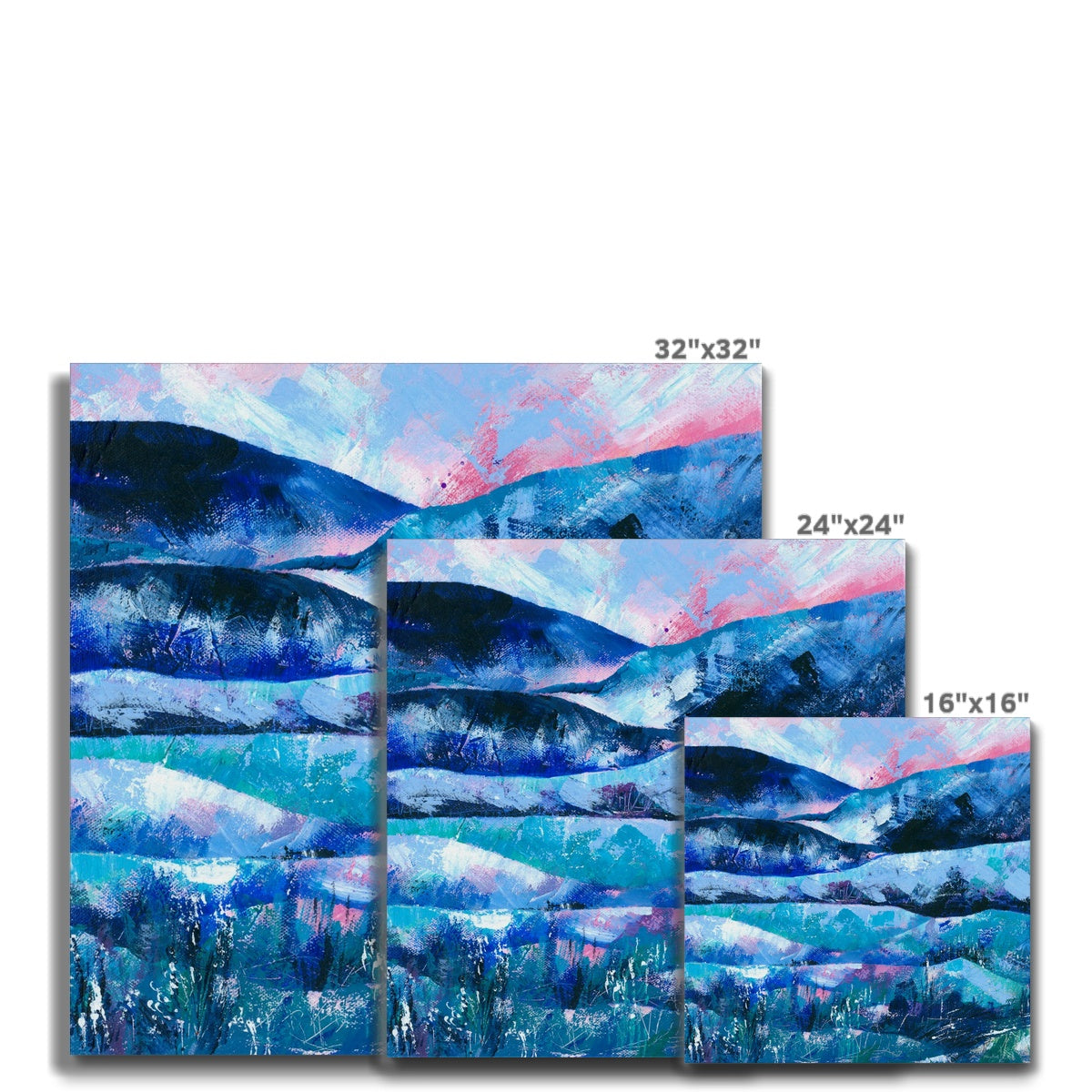 Canvas wall art pieces with abstract landscape imagery in shades of blue, teal, and pink, shown in three different sizes labeled 32"x32", 24"x24", and 16"x16" on a white background.