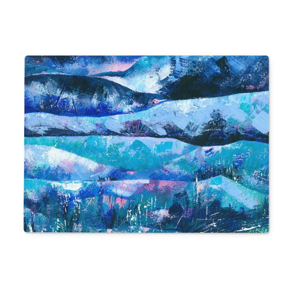 Rectangular glass chopping board featuring a blue and pink original abstract landscape art print.