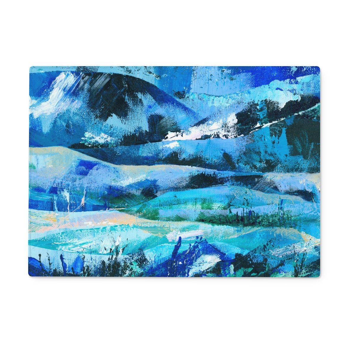 Rectangular glass chopping board featuring a blue original art print.