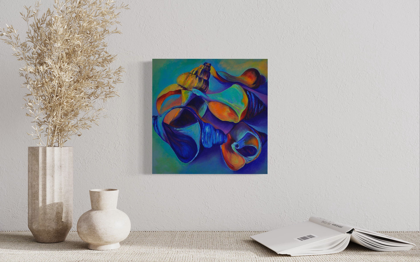 A Pocketful of Shells acrylic painting displayed to scale on a wall