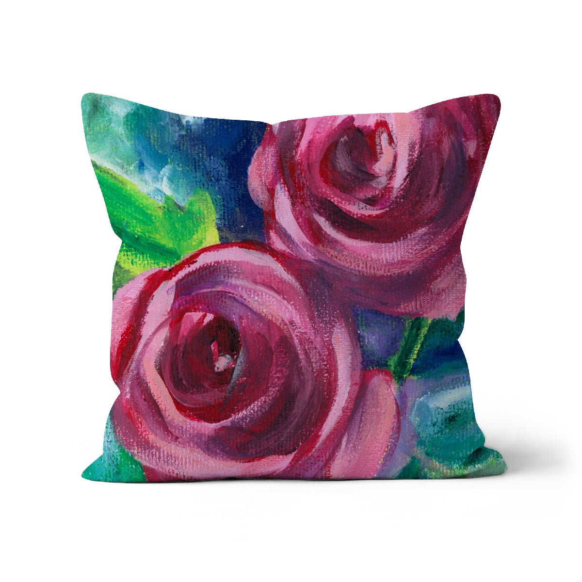 Vibrant floral cushion featuring two red roses