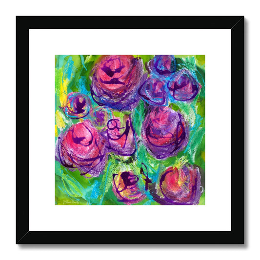Rose Garden colourful floral giclee print shown framed with a white mount in a black wooden frame.