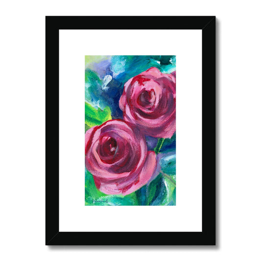 Rose Duo floral art print of an original acrylic painting framed in a black wooden frame with a white mount