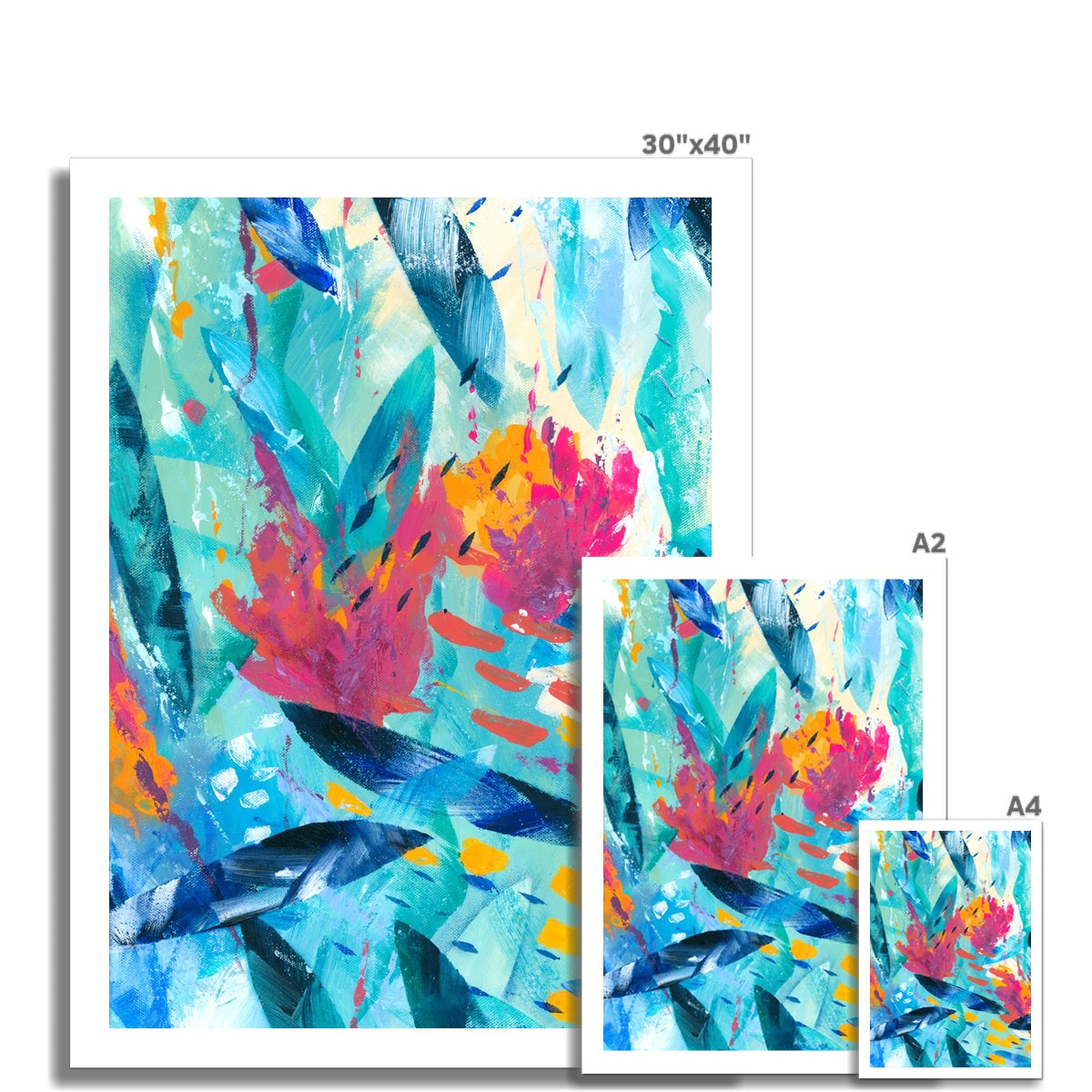 Tropical Seas fine art print shown in different sizes, to scale with one another.