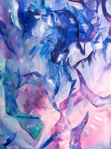 Exploration abstract acrylic painting by artist Melanie Howells in blues, pinks and purples, measuring 60x80cm