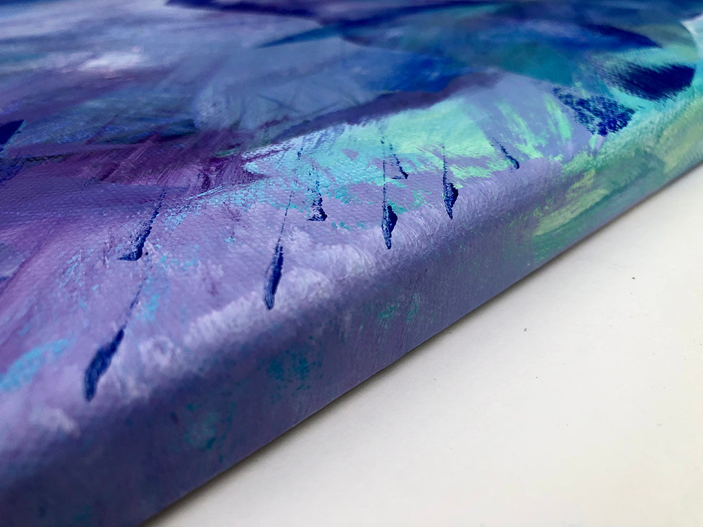 Close up detail of Melanie Howell's Exploration painting and the canvas edge