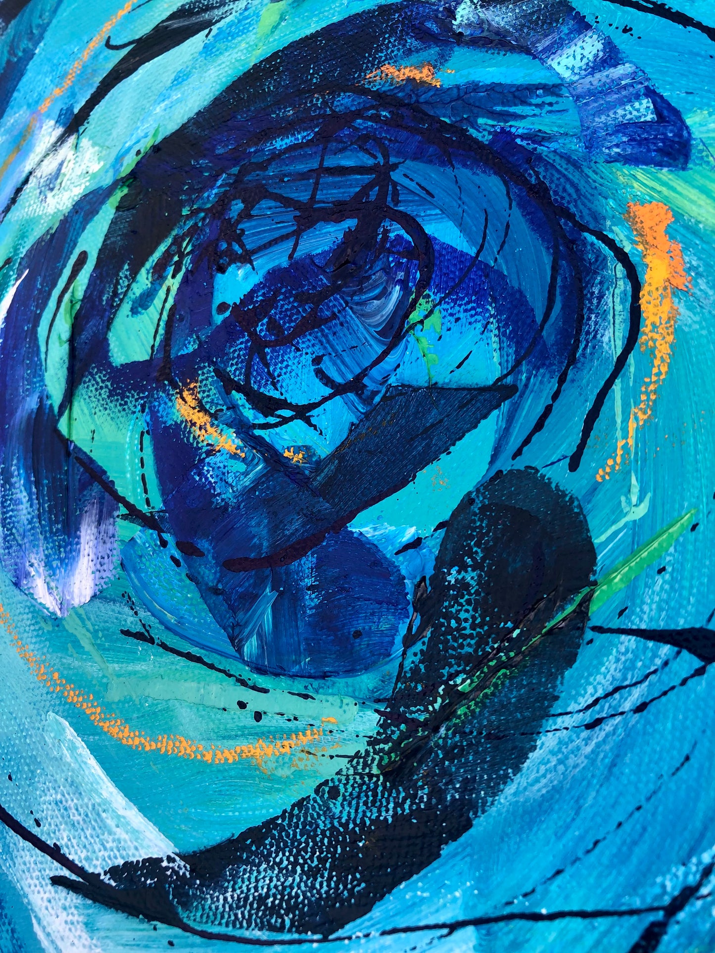 Close-up of painting details from an original acrylic painting in shades of blue, green and orange