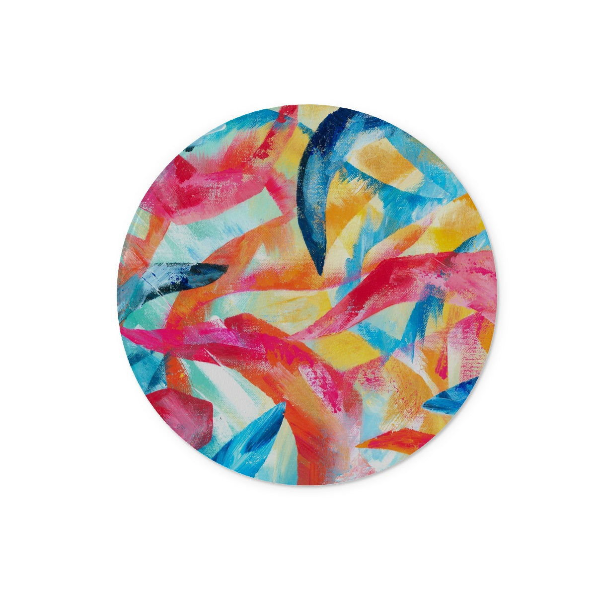 Round glass chopping board featuring a multi coloured abstract art design.