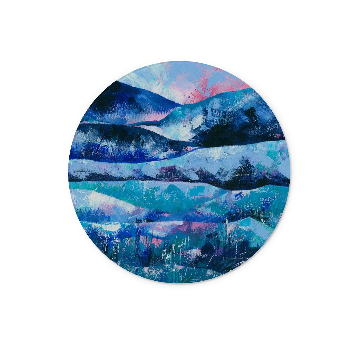 Round glass chopping board featuring a blue and pink original abstract landscape art print.