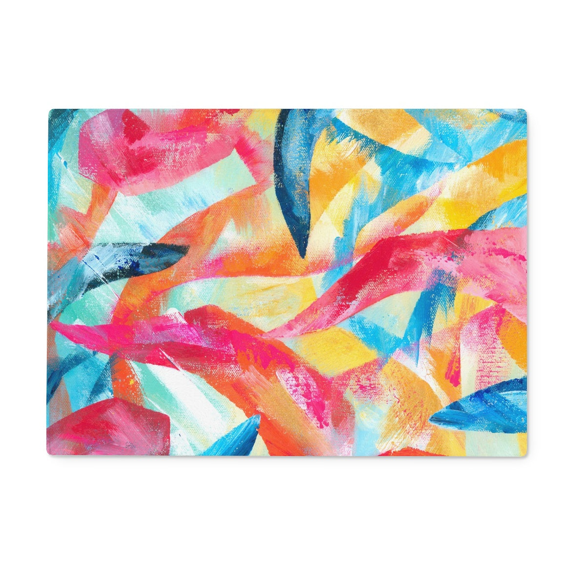 Rectangular glass bread board featuring a multi coloured abstract art design.
