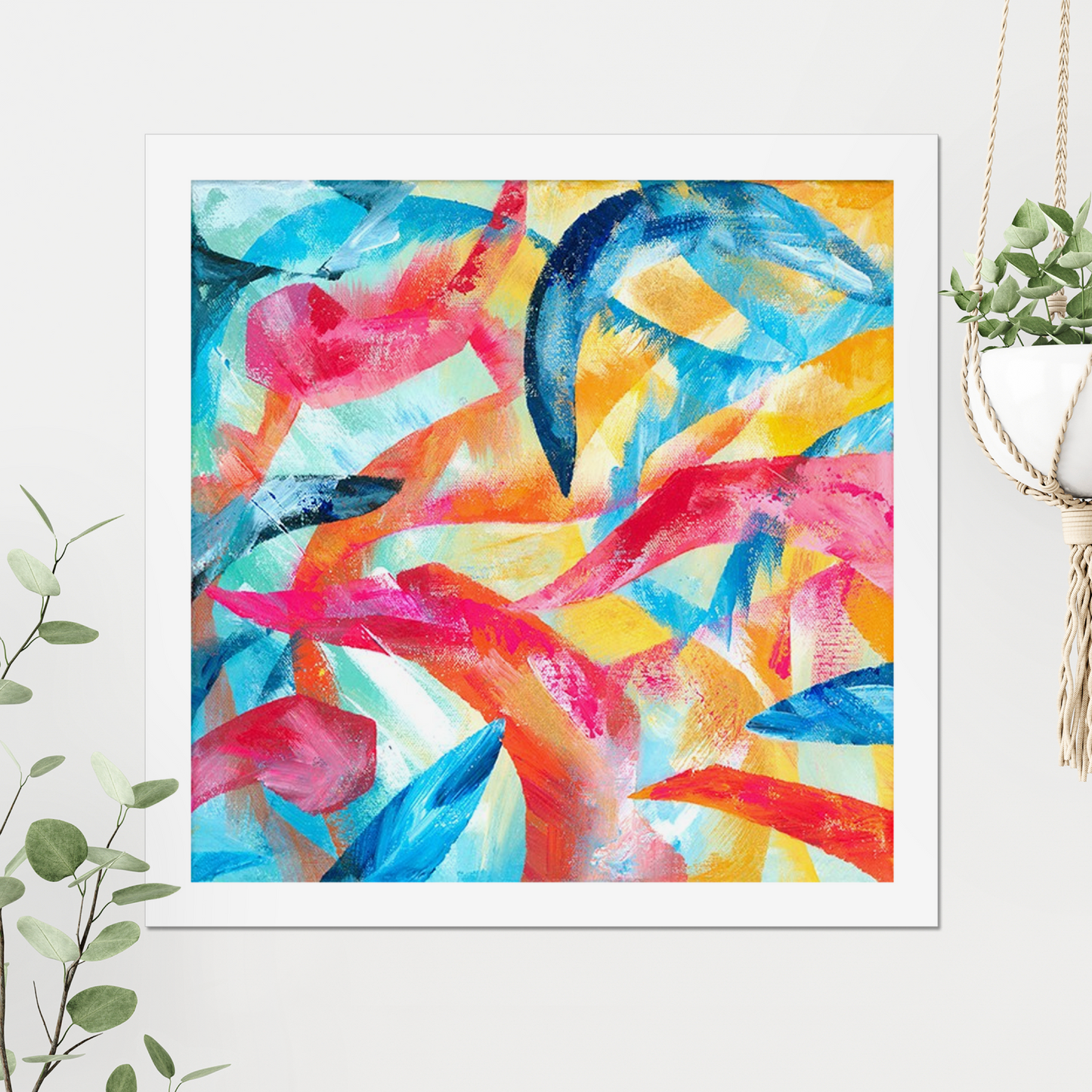 Adventure colourful abstract art print shown with a white border around it.