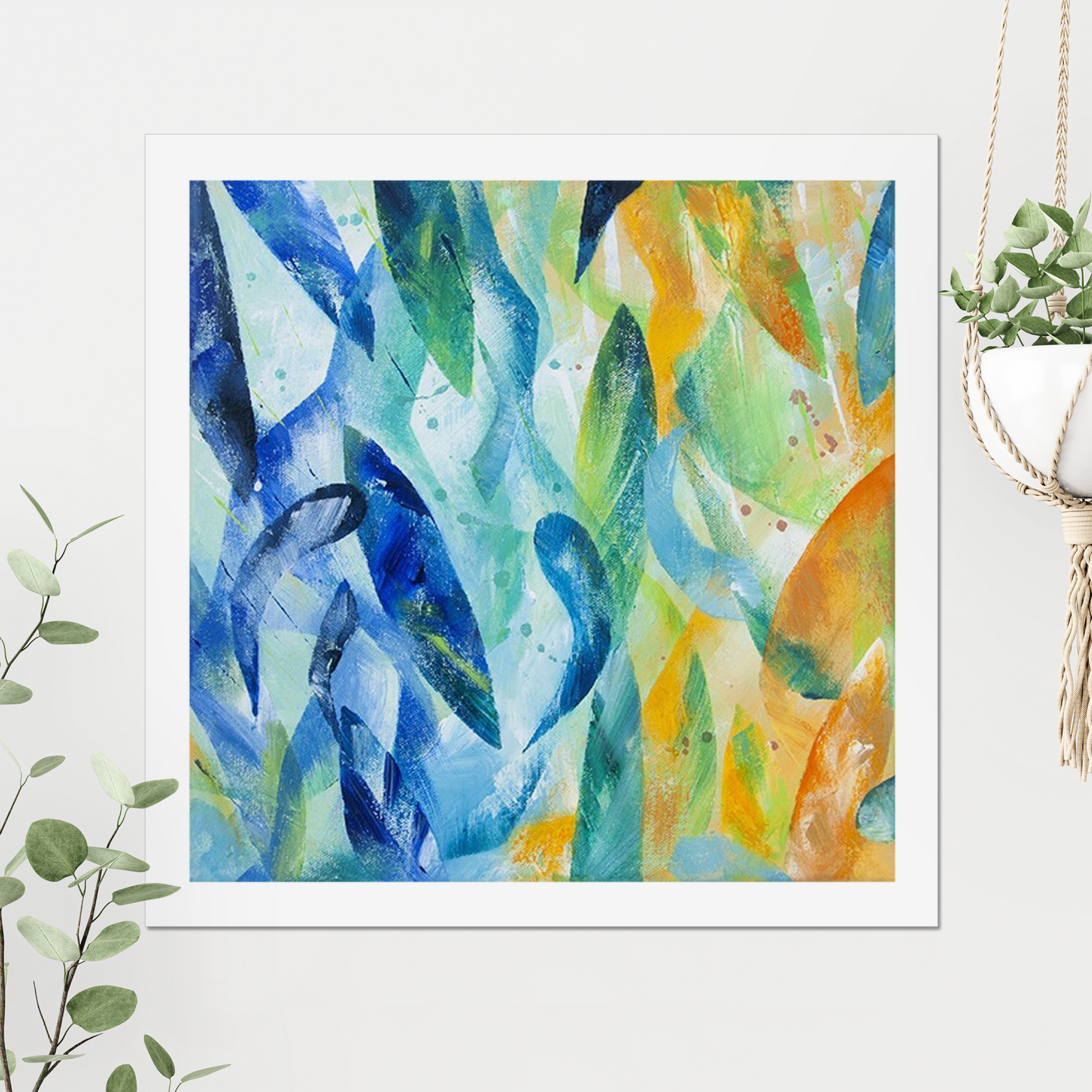 Synergy colourful abstract art print shown with a white border around it.