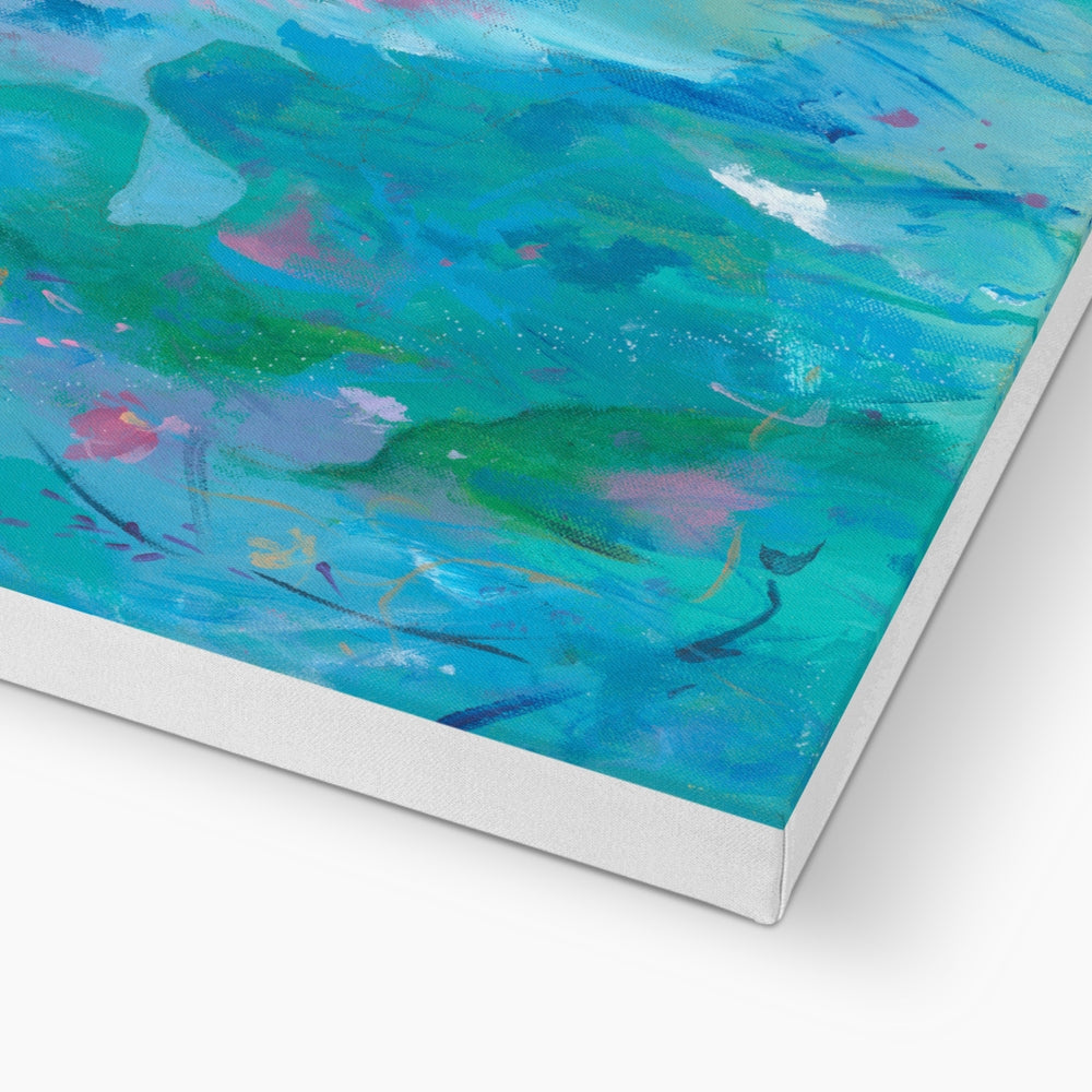 Abstract painting with blue, green, and pink colors on a white background
