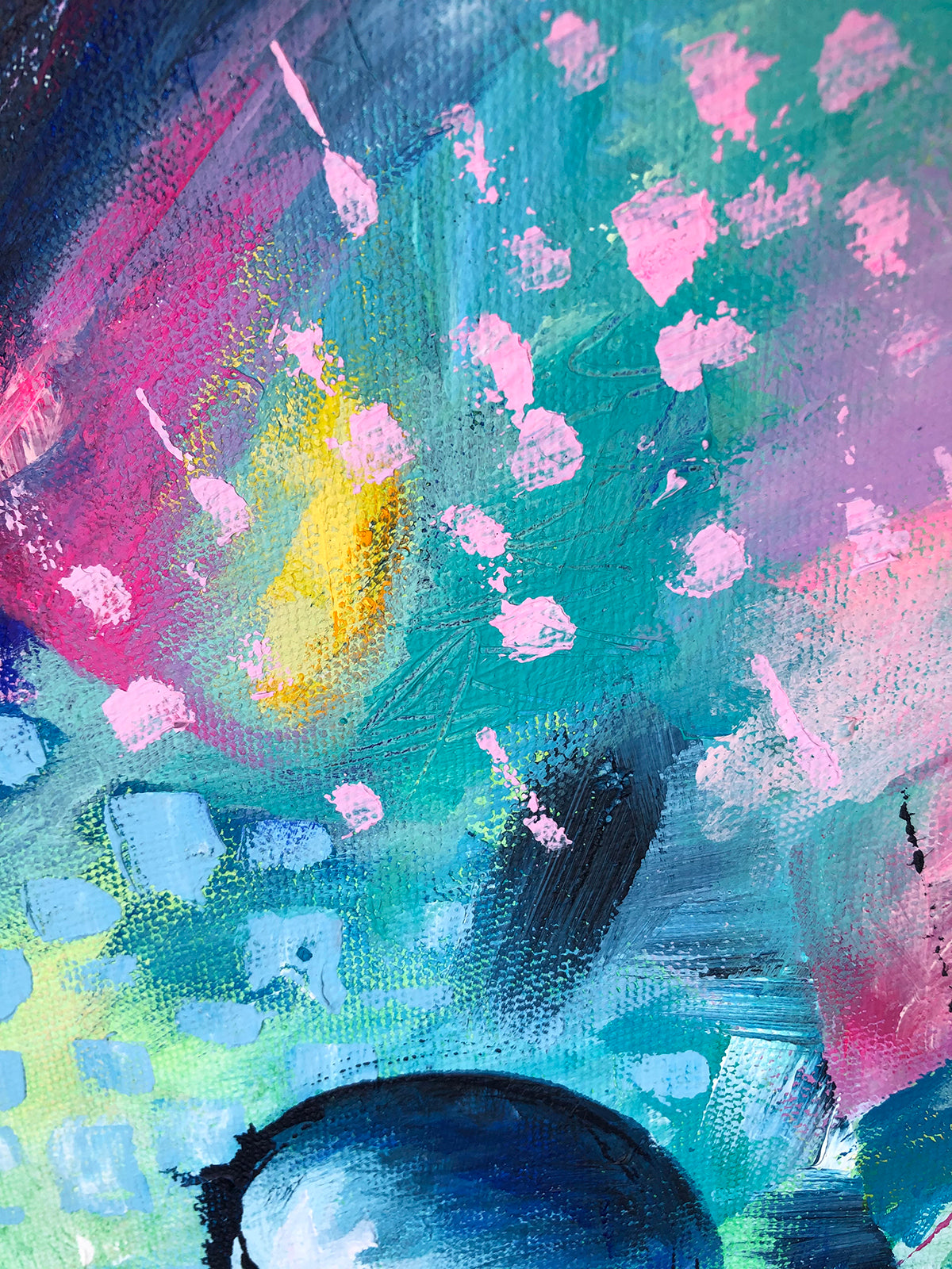 Turquoise and pink close-up detail of colourful abstract painting called Awakening by artist Melanie Howells.