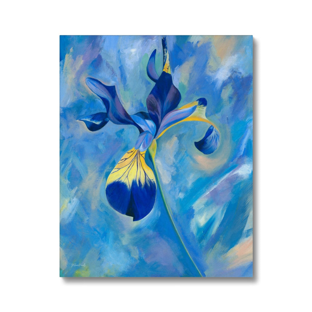 Painting of a blue flower with yellow accents on a blue background