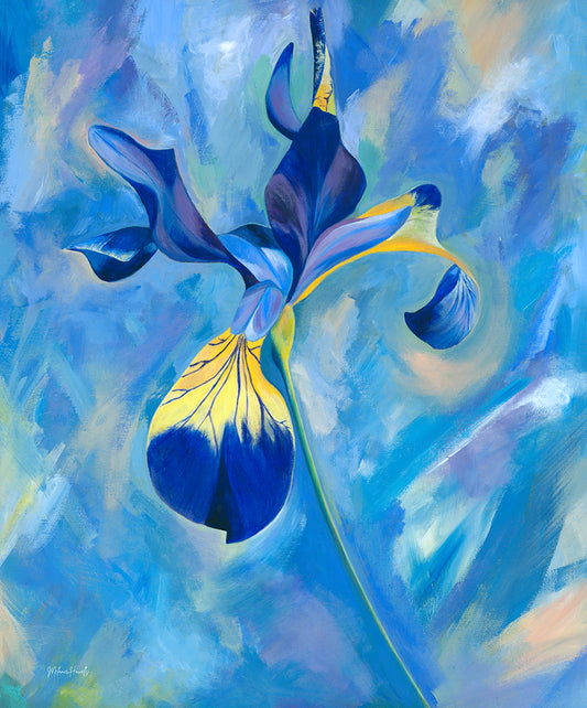 Art print of painting of blue iris flower with soothing cool coloured background