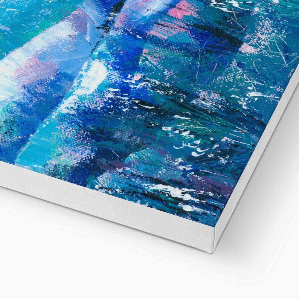 Abstract canvas wall art featuring expressive blue, teal, and white brushstrokes with hints of purple and pink, shown at an angle with the white canvas edge visible against a white background.