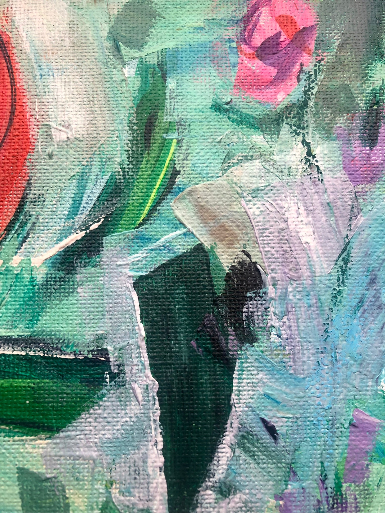 Abstract painting with a mix of green, pink, and purple hues