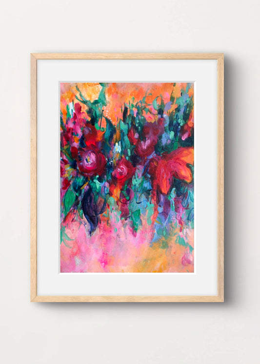 Multi coloured floral artwork with warm and uplifting colours.