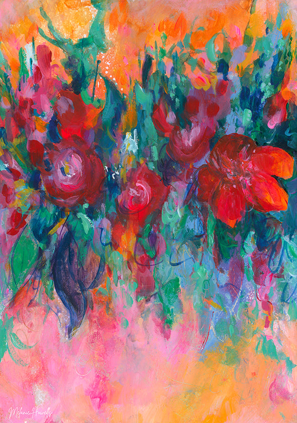 Vibrant, multicoloured painting with red flowers and abstract green, orange and pink details