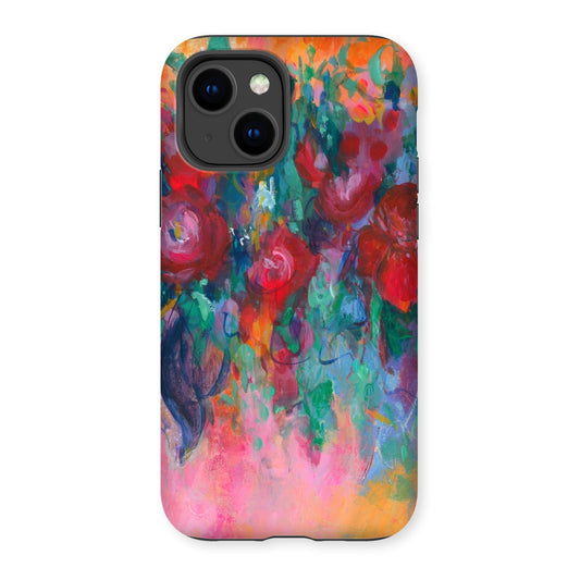 Protective phone case featuring a colourful, floral art design with red flowers. 