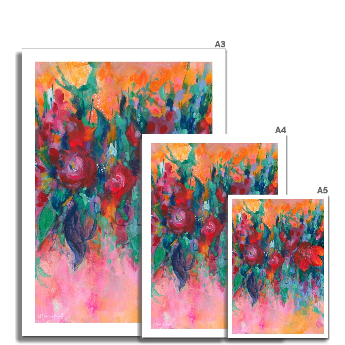 Carnival vibrant floral art print shown in sizes, A5, A4 and A3 