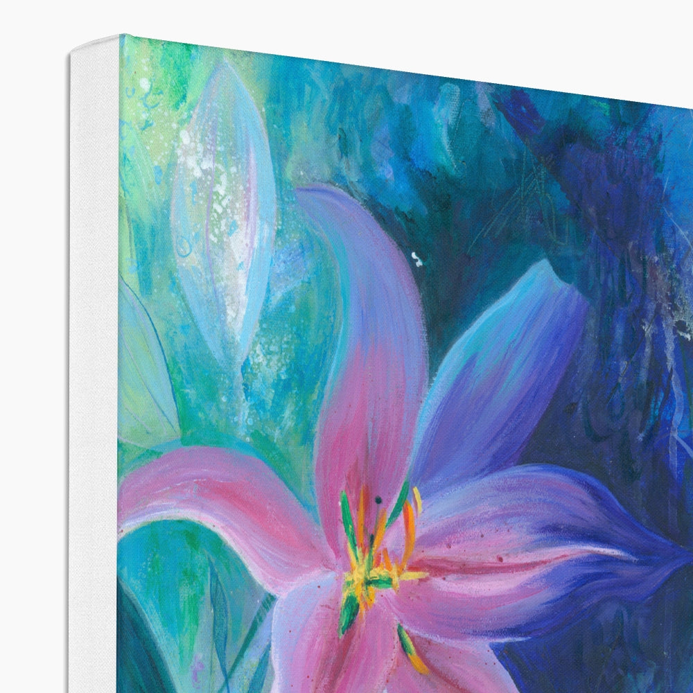 A square canvas wall art print featuring an expressive painting of a pink and blue lily flower against a textured teal, green, and dark blue background.
