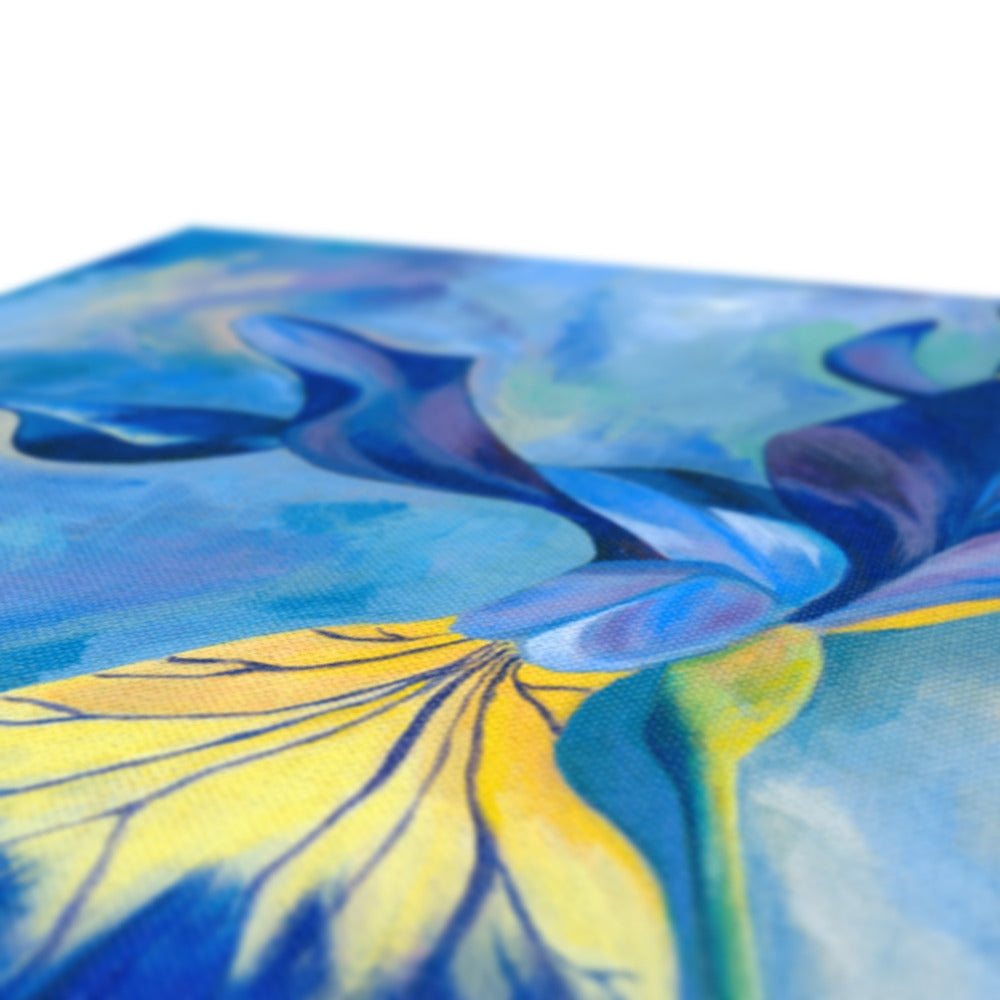 Close-up of a colorful abstract reproduction painting printed on a canvas with blue and yellow tones.