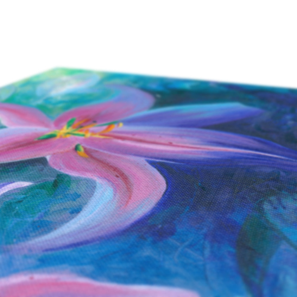A close-up of a colorful painted flower with pink petals and blue, purple, and green background brushstrokes on a textured canvas.